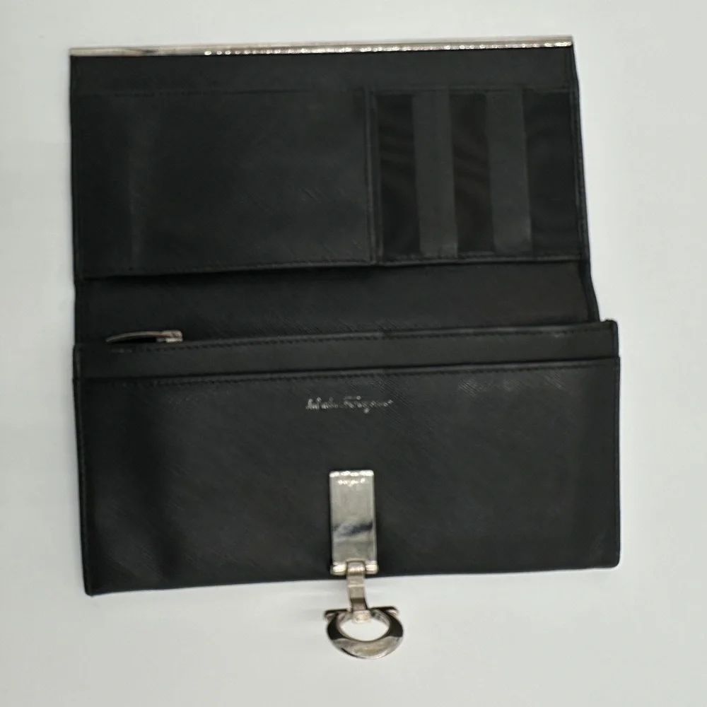 Black Women's Saffiano Leather Clutch Wallet with Silver Tone Hardware
